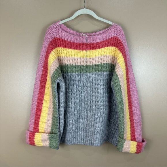 POL Pastel Pink Chunky Rainbow Cake Striped Oversized Sweater Small - Picture 3 of 16